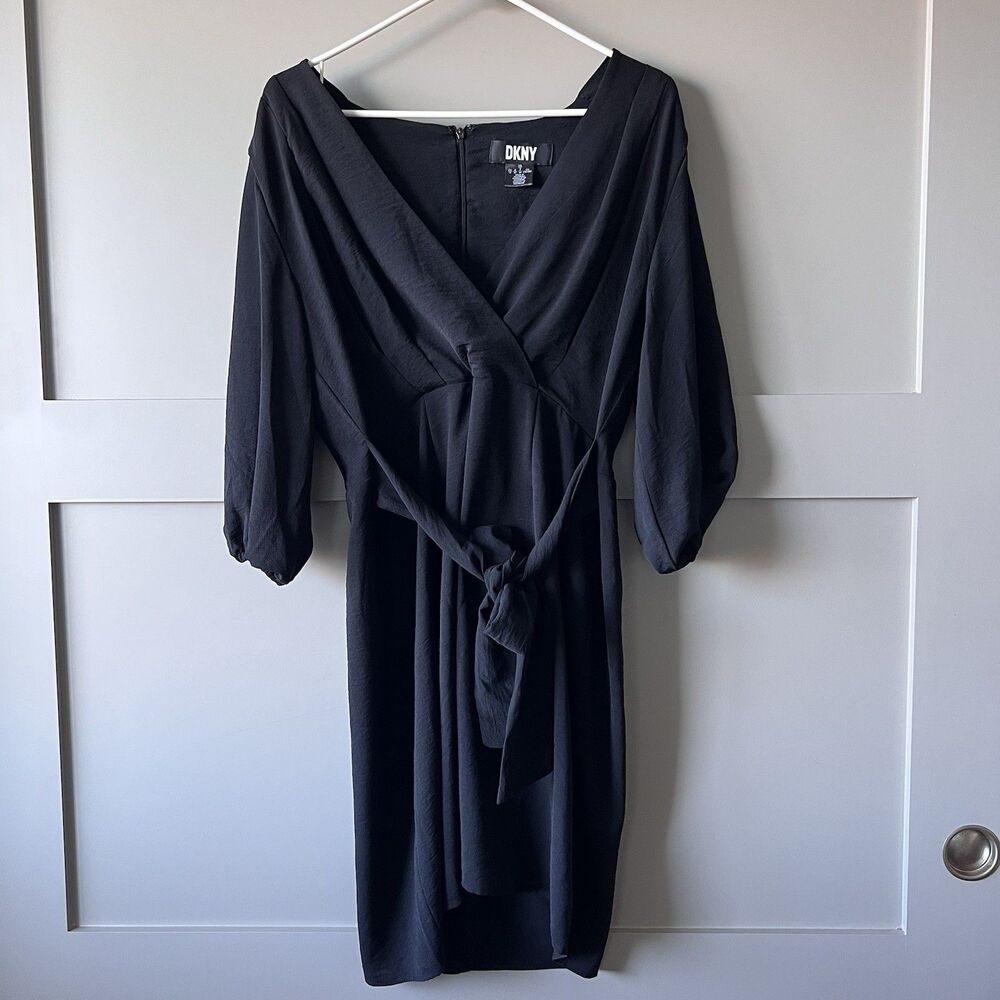 DKNY A-Line‎ Dress Women 12 Black V-Neck Belted Neutral Minimalist Career Preppy